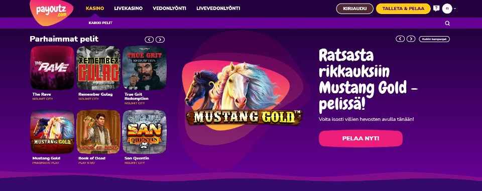 Kuvankaappaus Payoutz Casinon etusivusta, esillä valikot, kuusi parhainta peliä ja Mustang Gold -pelin banneri