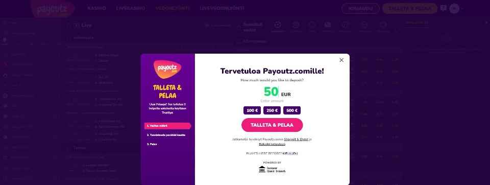 Kuvankaappaus Payoutz Casinon Pay N Play -talletusikkunasta, esillä 50 € talletus