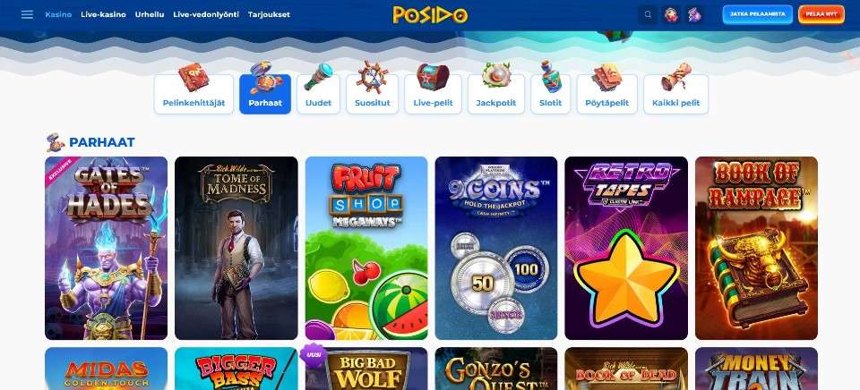 Kuvankaappaus Posido Casinon peliaulasta, esillä valikot ja kuusi parasta peliautomaattia