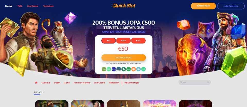 Kuvankaappaus Quickslot Casinon etusivusta, esillä valikot, tervetuliaisbonus, Pay N Play -talletusikkuna ja bannerissa peliautomaattien hahmoja