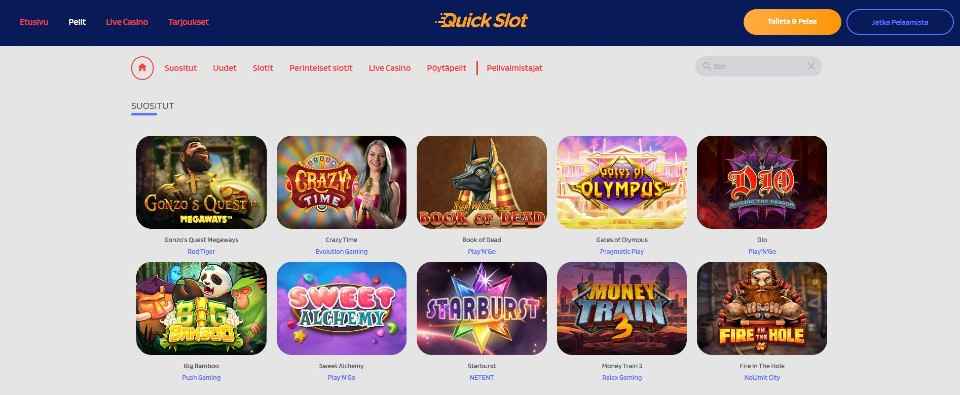 Kuvankaappaus Quickslot Casinon peliaulasta, esillä pelivalikot ja 10 peliautomaatin kuvakkeet