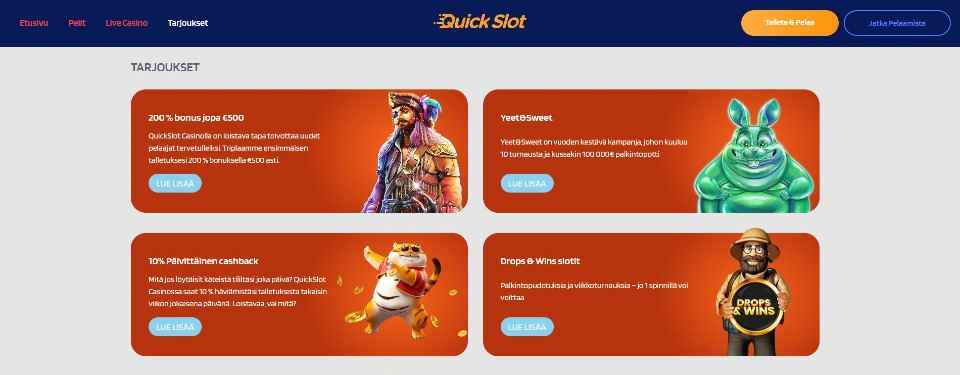 Kuvankaappaus Quickslot Casinon tarjouksista, esillä 4 kasinokampanjaa