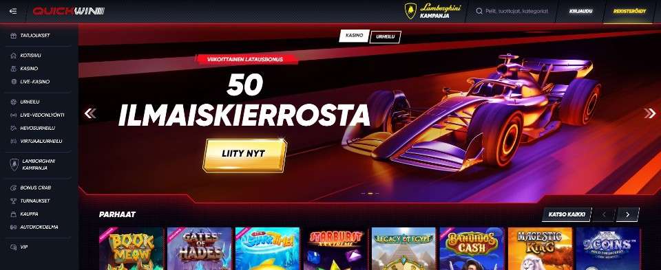 Kuvankaappaus Quickwin Casinon etusivusta, esillä ilmaiskierrostarjous, bannerissa formula-auto ja sivulla valikot