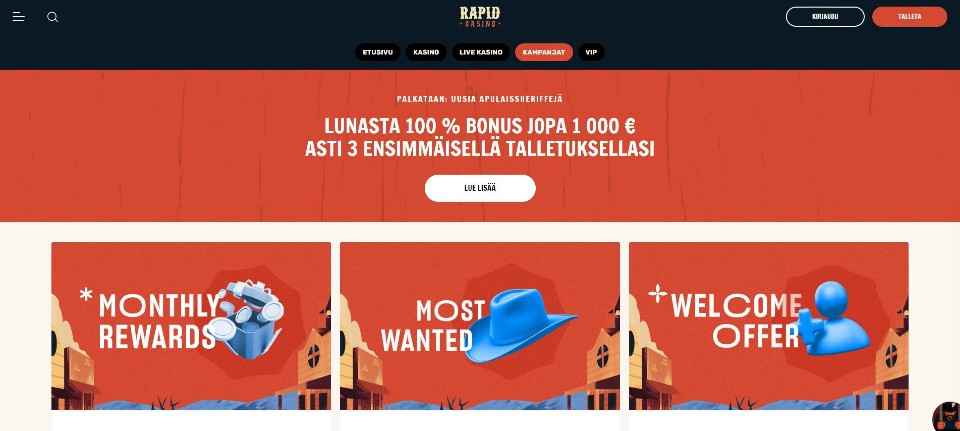 Kuvankaappaus Rapid Casinon etusivusta, esillä valikot, tervetuliaisbonus ja kolme muuta tarjouskuvaketta