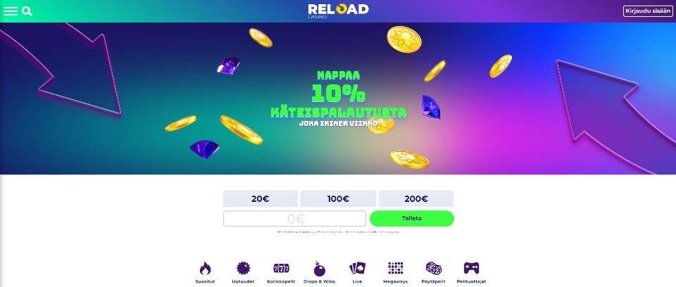 Kuvankaappaus Reload Casinon etusivusta, esillä 10 % käteispalautusbanneri, Pay N Play -talletusikkuna ja pelivalikot