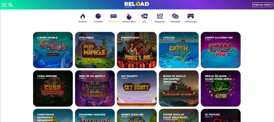 Kuvankaappaus Reload Casinon peliaulasta, esillä pelivalikot ja 10 peliautomaatin kuvakkeet