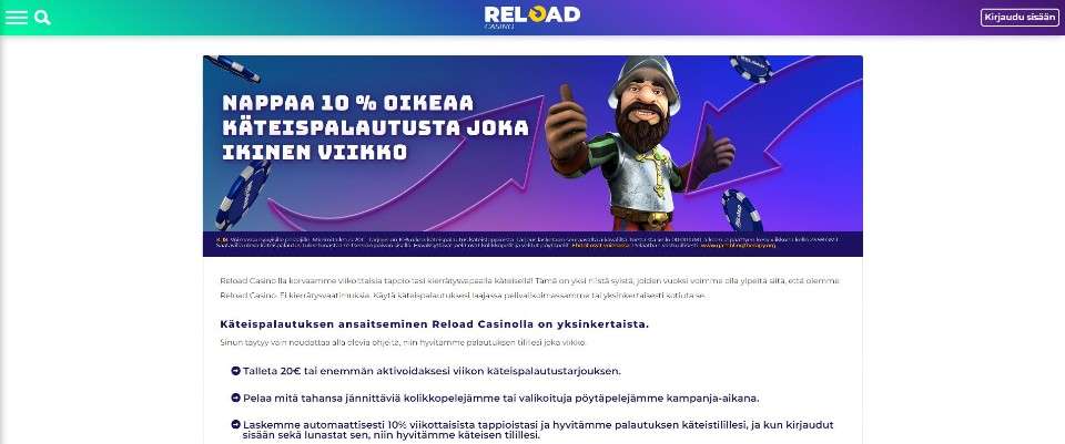 Kuvankaappaus Reload Casinon tarjouksista, esillä 10 % cashback banneri, jossa Gonzon hahmo