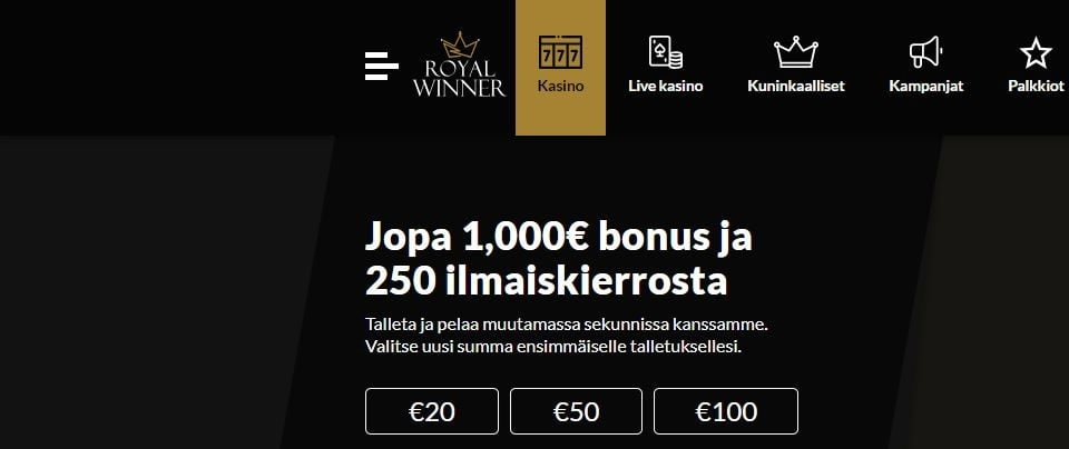 Kuvankaappaus Royal Winner Casinon etusivusta, esillä valikot ja tervetuliaisbonus