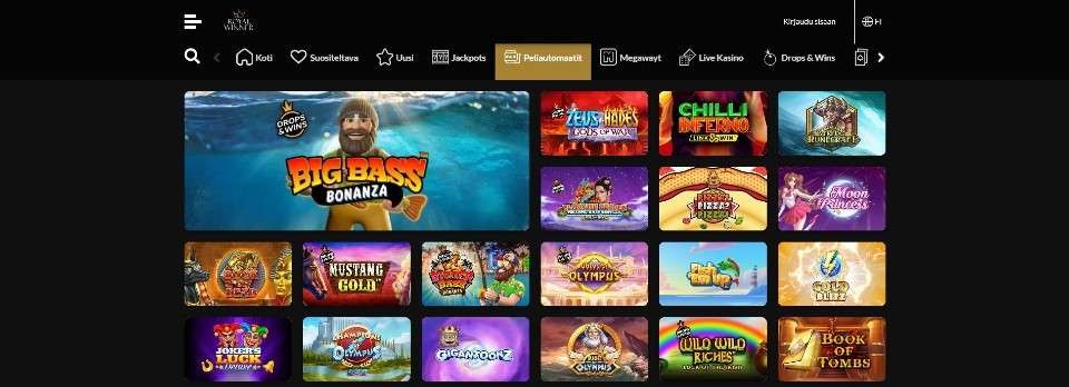 Kuvankaappaus Royal Winner Casinon peliaulasta, esillä pelivalikot ja 19 peliautomaatin kuvakkeet