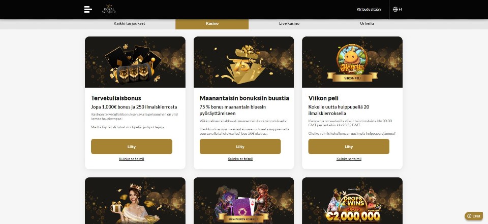 Kuvankaappaus Royal Winner Casinon tarjouksista, esillä kuusi eri kasinon tarjousta