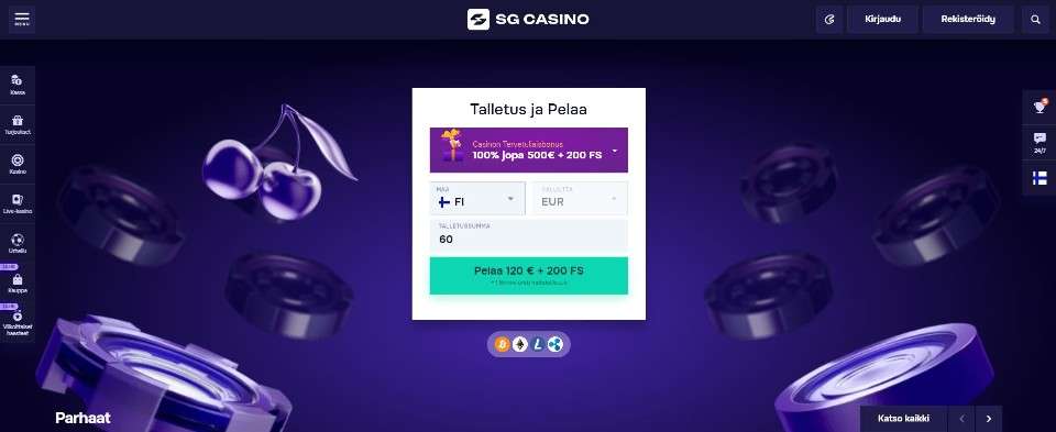 Kuvankaappaus SG Casinon etusivusta, esillä valikot ja Pay N Play -talletusikkuna