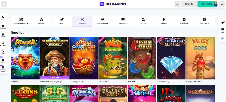 Kuvankaappaus SG Casinon peliaulasta, esillä valikot ja 14 peliautomaatin kuvakkeet