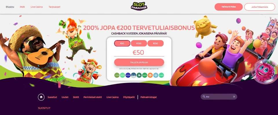 Kuvankaappaus Slotparadise Casinon etusivusta