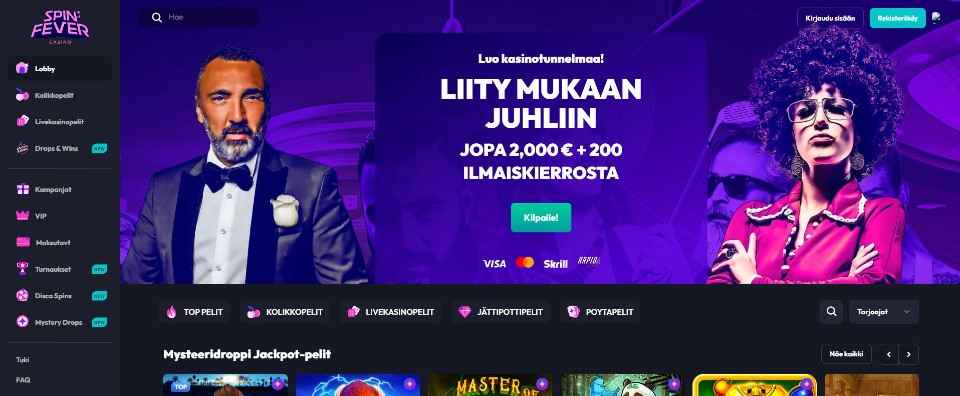 Kuvankaappaus SpinFever Casinon etusivusta, esillä tervetuliaisbonus, discoasusteissa olevat mies ja nainen sekä valikot