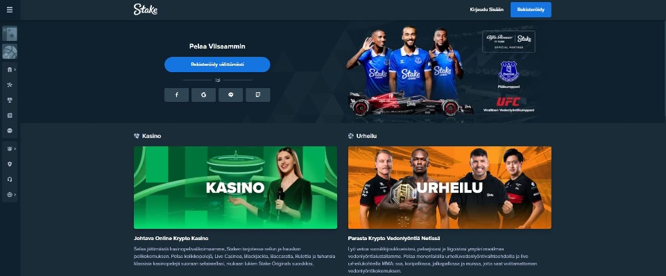 Kuvankaappaus Stake Casinon etusivusta, esillä formula-auto ja kolme urheilijaa sekä kasinon ja vedonlyönnin bannerit