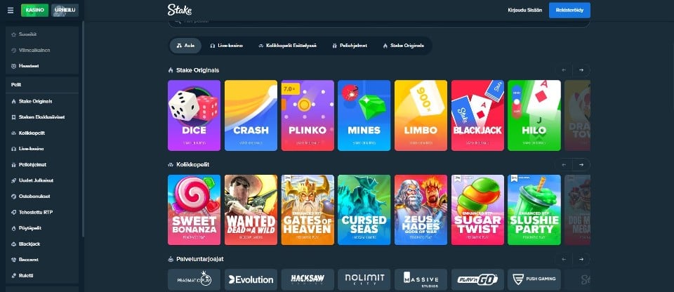 Kuvankaappaus Stake Casinon peliaulasta, esillä valikot ja 7 Stake Originals -peliä sekä 7 kolikkopeliä