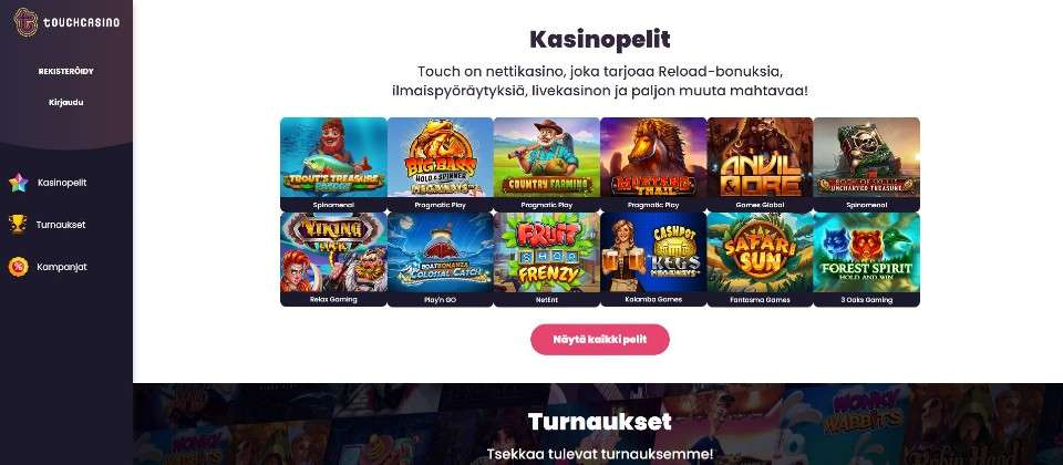Kuvankaappaus Touch Casinon etusivusta, esillä 12 peliautomaatin kuvakkeet, turnaukset ja valikot