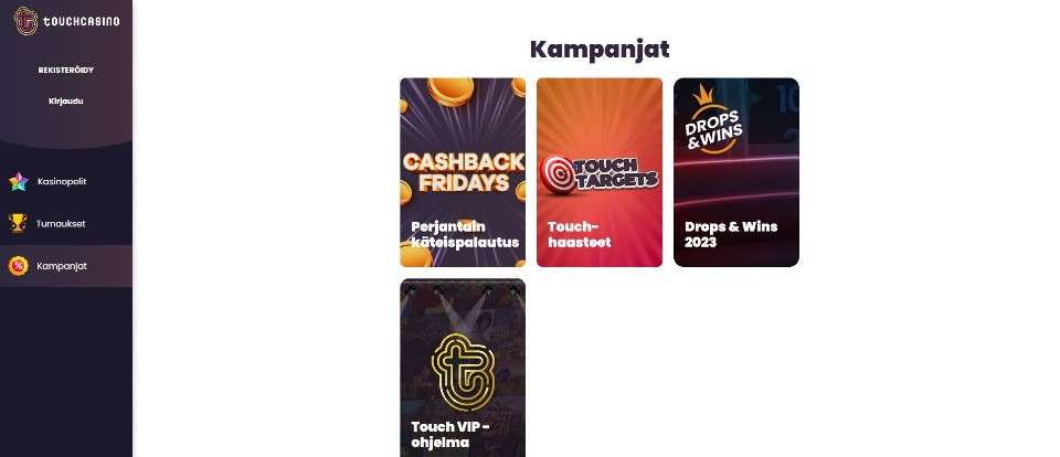 Kuvankaappaus Touch Casinon tarjouksista, esillä 4 kasinotarjousta ja valikot