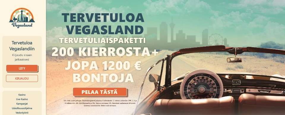 Kuvankaappaus Vegasland Casinon etusivusta, esillä valikko ja tervetuliaisbonus bannerissa, jonka kuvassa on avoauto ja edessä häämöttää kaupunki