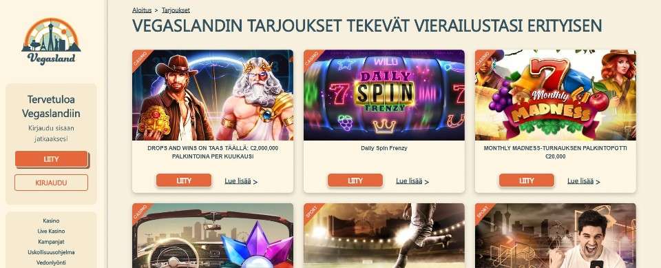 Kuvankaappaus Vegasland Casinon tarjouksista, esillä vasemmalla valikko ja 6 kasinotarjouksen kuvakkeet ja esittelyt