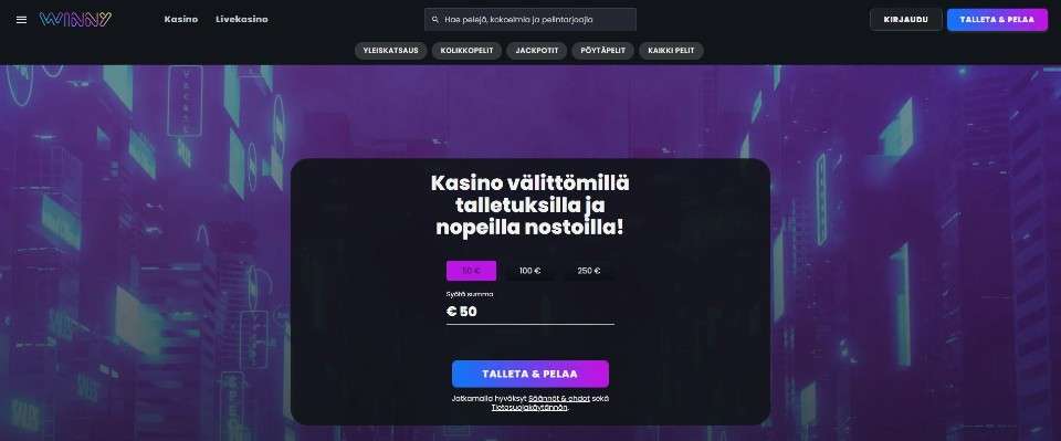 Kuvankaappaus Winny Casinon etusivusta, esillä valikot ja Pay N Play -talletusikkuna