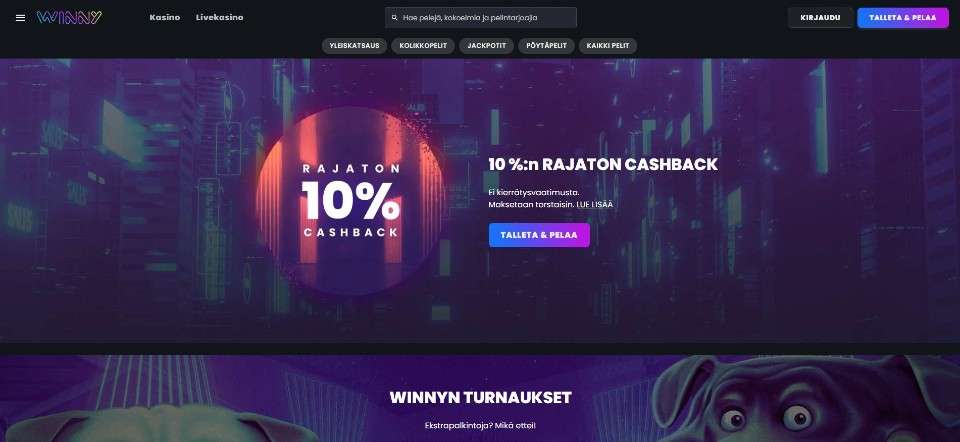 Kuvankaappaus Winny Casinon tarjouksista, esillä 10 % rajaton cashback, turnaukset ja valikot