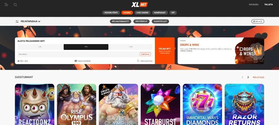 Kuvankaappaus XLBet Casinon etusivusta, esillä valikot, Pay N Play -talletusikkuna, Drops & Wins -kampanja ja 6 peliautomaatin kuvakkeet