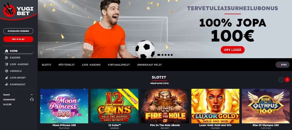 Kuvankaappaus YugiBet Casino etusivusta, esillä vedonlyönnin tervetuliaisbonus, valikot ja 5 peliautomaatin kuvakkeet