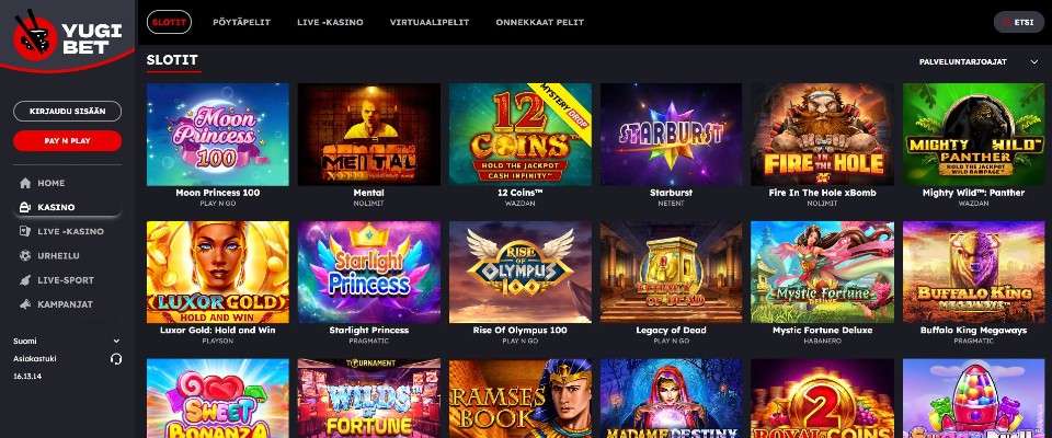 Kuvankaappaus YugiBet Casino peliaulasta, esillä valikot ja 18 pelin kuvakkeet