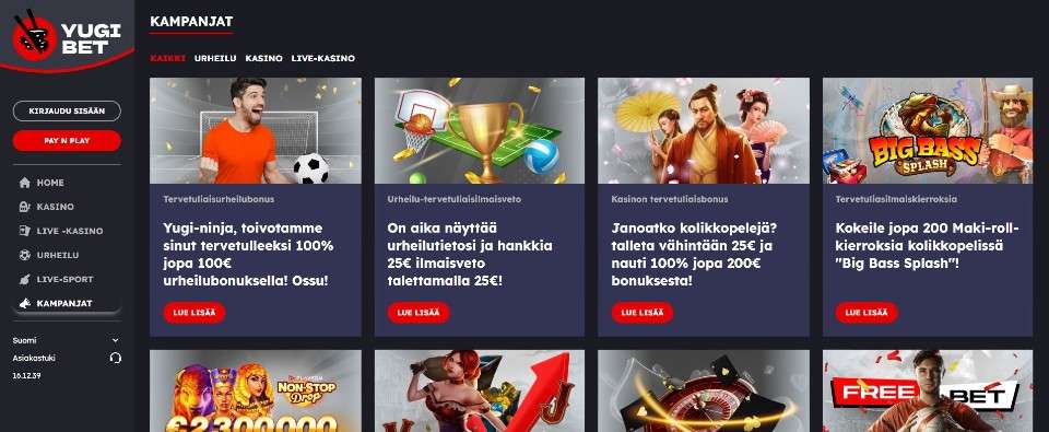 Kuvankaappaus YugiBet Casino tarjouksista, esillä 8 eri kasinotarjousta