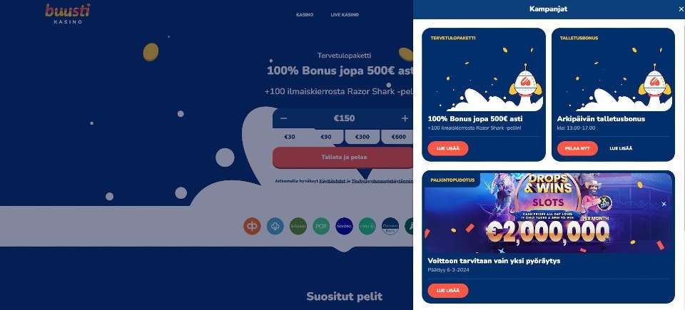 Kuvankaappaus Buusti Kasinon tarjouksista, esillä kolme eri kasinotarjousta