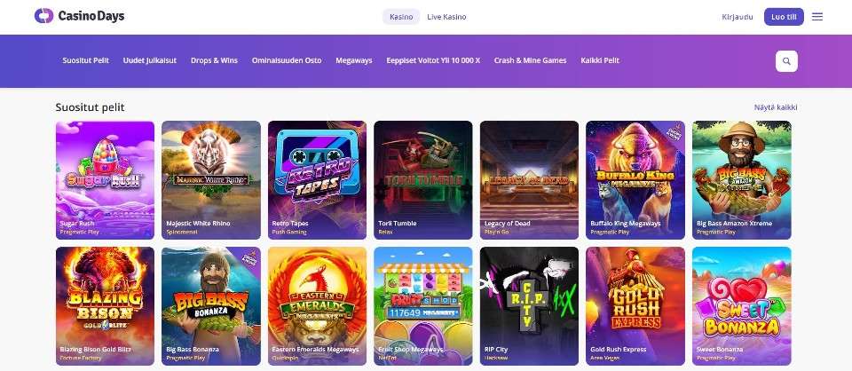 Kuvankaappaus Casino Daysin peliaulasta, esillä valikot ja 14 peliautomaatin kuvakkeet