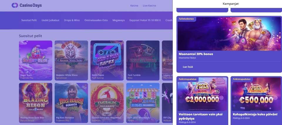 Kuvankaappaus Casino Daysin etusivusta, esillä kolme tarjousta ja taustalla peliaula