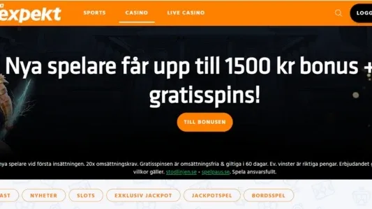 Svart bakgrund med vit text och orange knapp hos Expekt casino