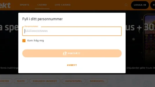 Ett vitt registreringsfönster på en svart bakgrund och en orange knapp hos Expekt casino