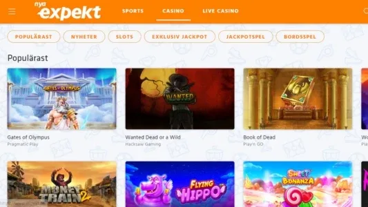 Spelautomater i olika färger på en vit bakgrund och orange text hos Expekt casino