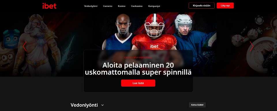 Kuvankaappaus iBet Casinon etusivusta, esillä valikot, bannerikuvassa kolme miesurheilija ja super spin -tarjous