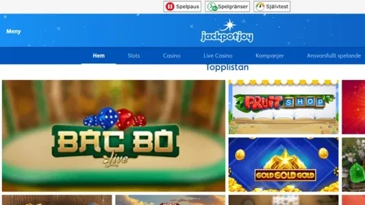 Spelautomater på en vit och blå bakgrund hos JackpotJoy casino