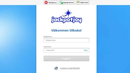 Ett vitt registreringsfält på en ljusblå bakgrund hos JackpotJoy casino