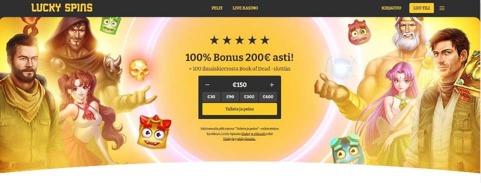 Kuvankaappaus Lucky Spins Casinon etusivusta, esillä tervetuliaisbonus, Pay N Play -pikatalletus ja peliautomaattien hahmoja