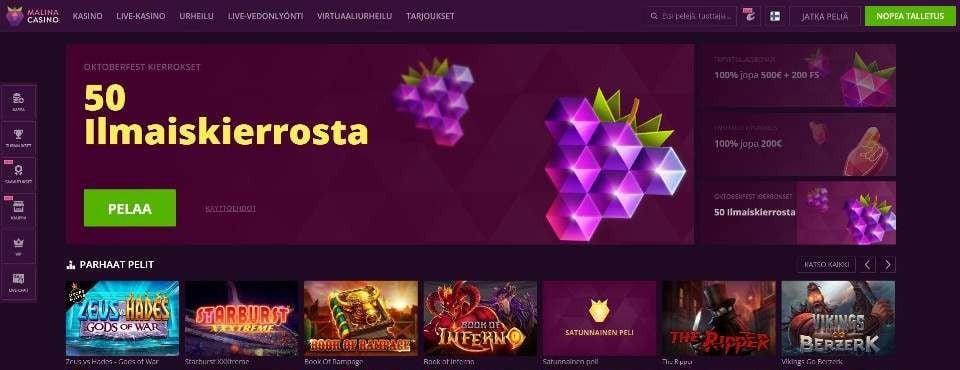 Kuvankaappaus Malina Casinon etusivusta, esillä neljä tarjousta ja 7 peliautomaatin kuvakkeet