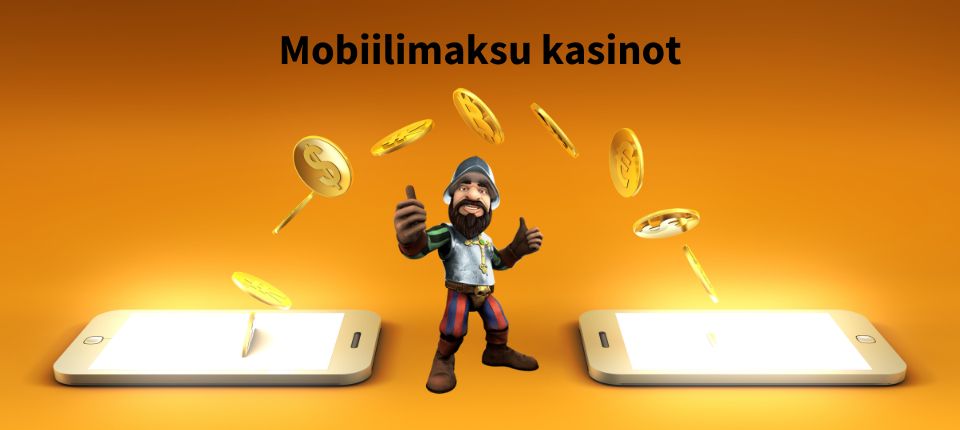 Teksti Mobiilimaksu kasinot ja alla kaksi tablettia, joiden välillä siirtyy kolikoita ja keskellä Gonzo's Quest -hahmo