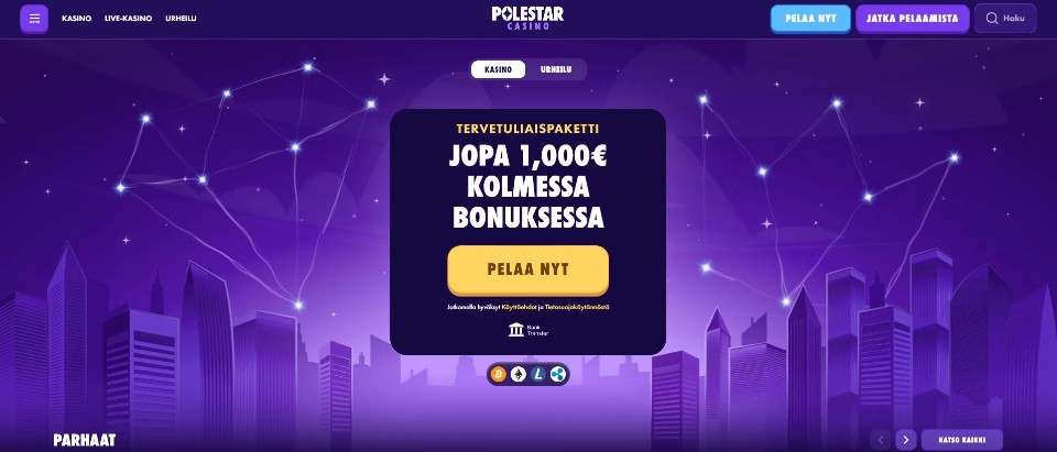 Kuvankaappaus Polestar Casinon etusivusta, esillä valikko ja tervetuliaisbonus, taustalla öinen kaupunkimaisema