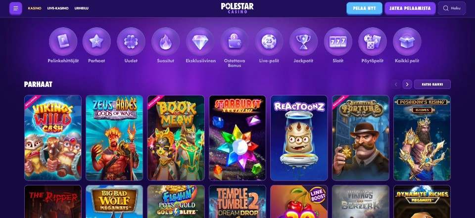 Kuvankaappaus Polestar Casinon peliaulasta, esillä pelivalikot ja 14 peliautomaatin kuvakkeet