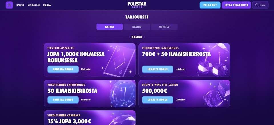 Kuvankaappaus Polestar Casinon tarjouksista, esillä valikot ja viisi eri tarjousta