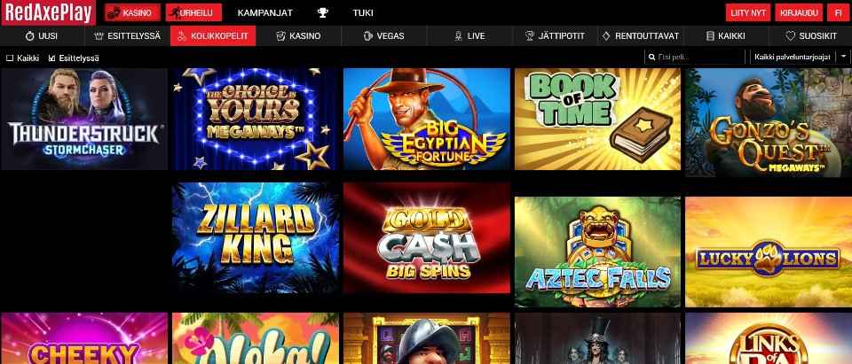 Kuvankaappaus RedAxePlay Casinon peliaulasta, esillä valikot ja yhdeksän peliautomaatin kuvakkeet