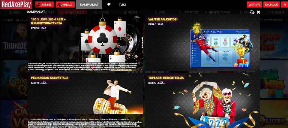 Kuvankaappaus RedAxePlay Casinon tarjouksista, esillä valikot ja neljä eri tarjousta