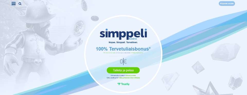 Kuvankaappaus Simppeli Casinon etusivusta, esillä tervetuliaisbonus ja Trustlyn pikatalletus