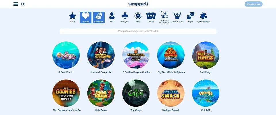 Kuvankaappaus Simppeli Casinon peliaulasta, esillä valikot ja 10 peliautomaatin kuvakkeet