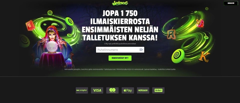 Kuvankaappaus Spinero Casinon etusivusta, esillä tervetuliaisbonus, kenttä rekisteröitymiselle ja kuuden maksutavan logot